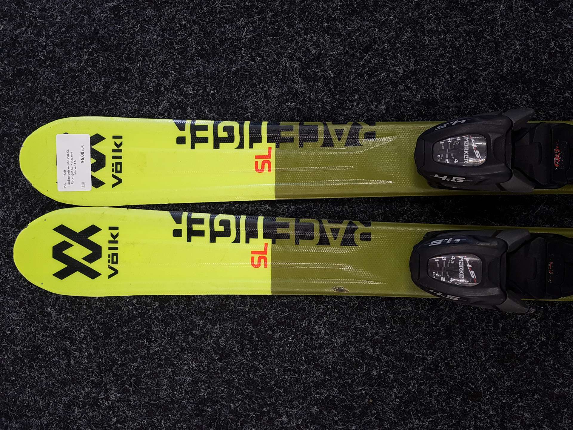 Použité detské lyže VOLKL Racetiger SL + viazanie Marker 4.5