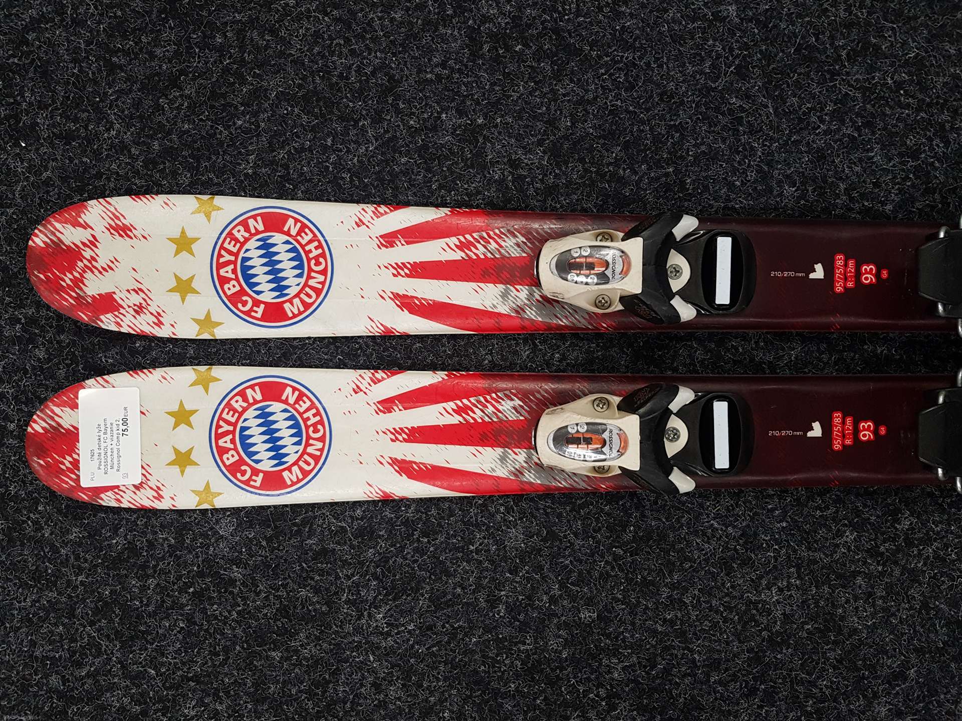 Použité detské lyže ROSSIGNOL FC Bayern München + viazanie Rossignol Comp kid 2,