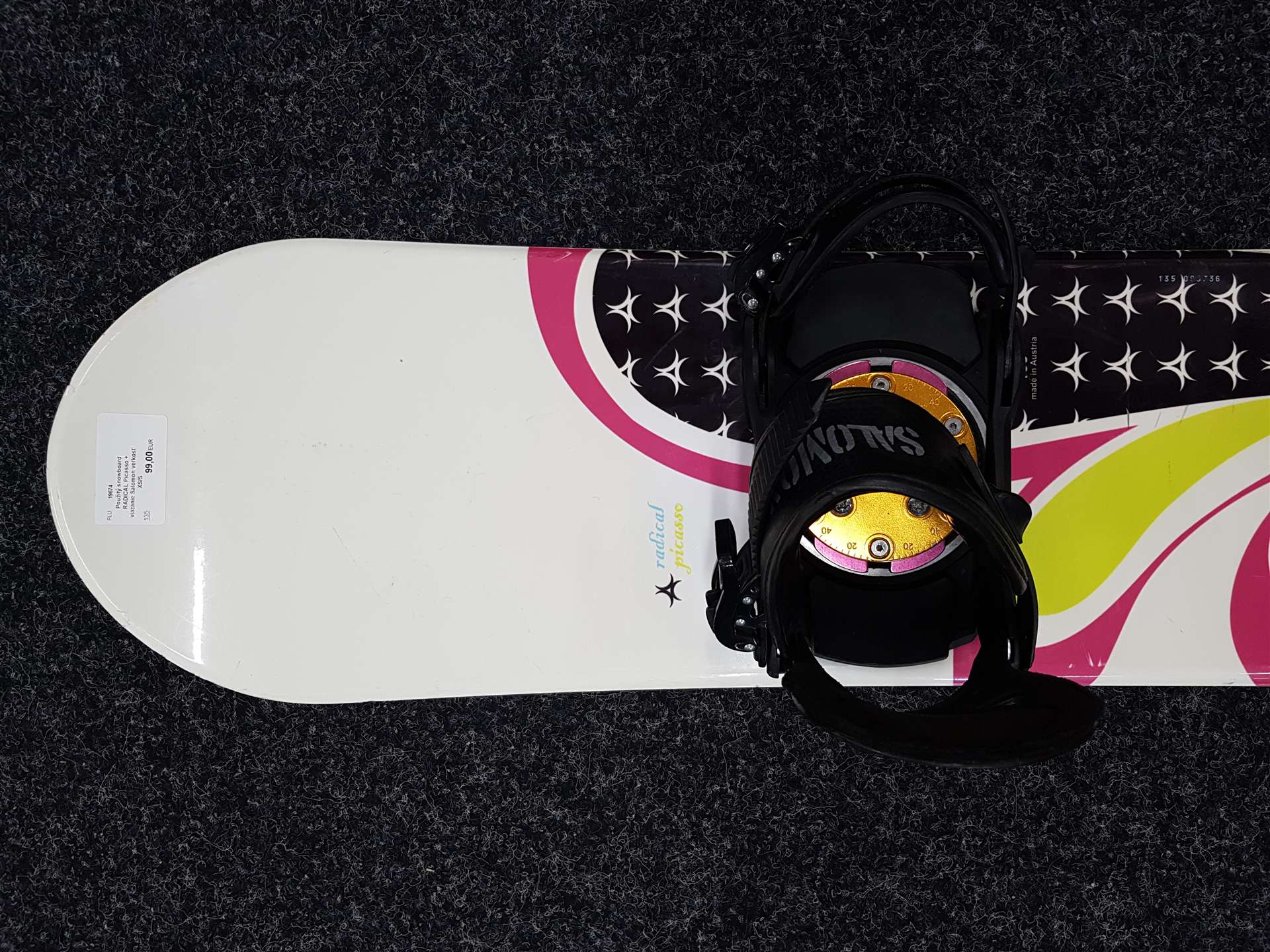 Použitý snowboard RADICAL Picasso + viazanie Salomon veľkosť XS/S